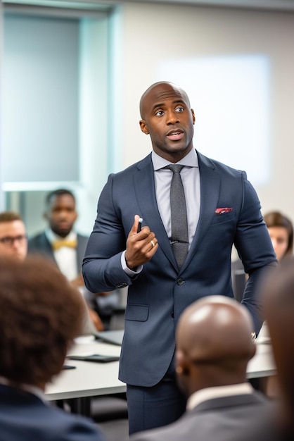 Black businessman giving a presentation in a conference room