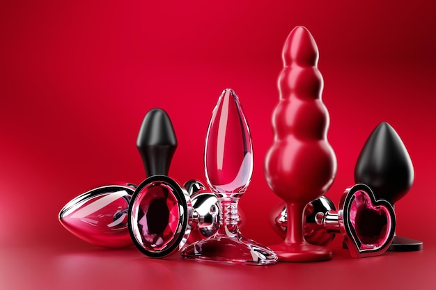 Black butt anal plugs sex toys on magenta isolated background 3D illustration Empty space for your text
