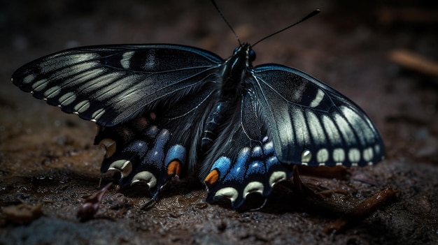 A black butterfly rests on the ground in the dark.