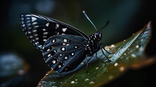 A black butterfly sits on a leaf with white spots on it.