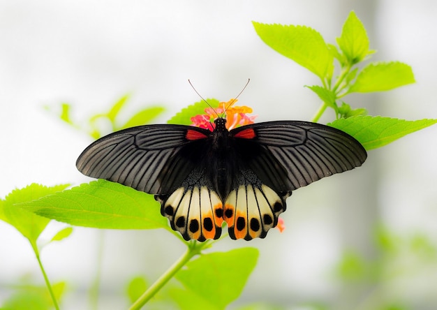 A black butterfly sits on a plant