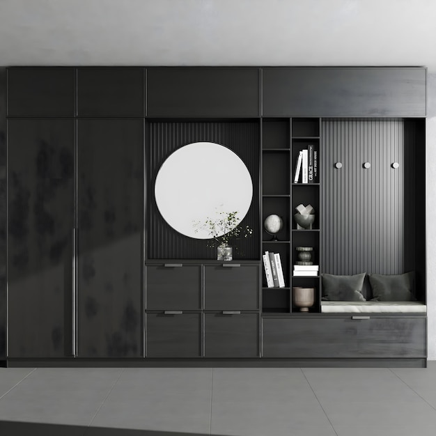 A black cabinet with a round mirror on the wall