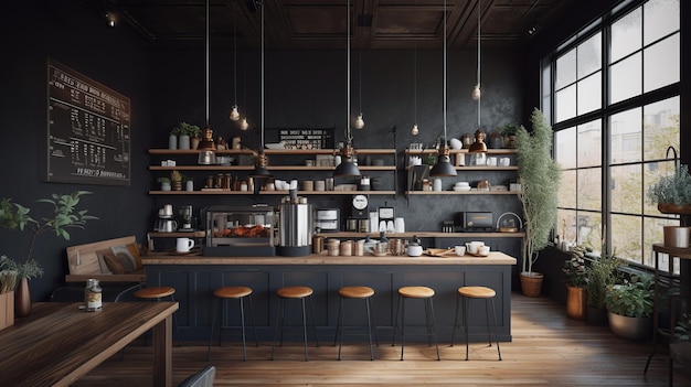 A black cafe with a bar counter and a sign that says'coffee'on it