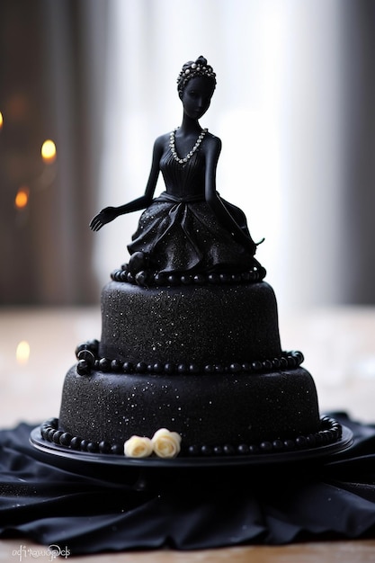 Photo a black cake with a lady on the top is decorated with a lady figurine.