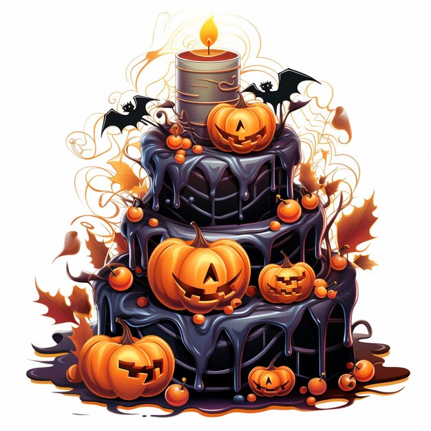 A black cake with pumpkins on it and a candle on it.