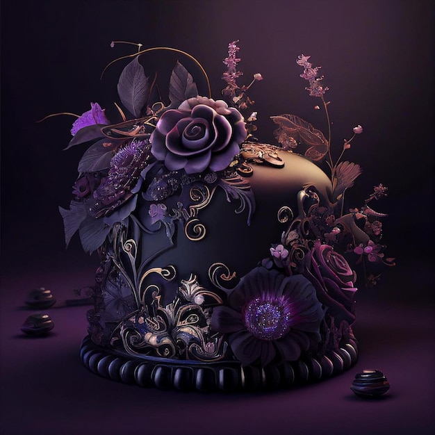 A black cake with purple flowers and purple flowers on top.