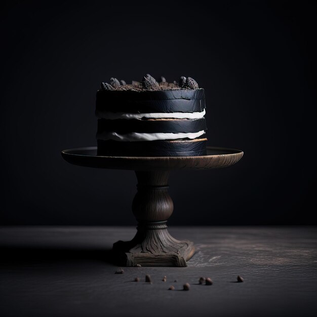 A black cake with white frosting and black and white frosting sits on a table.