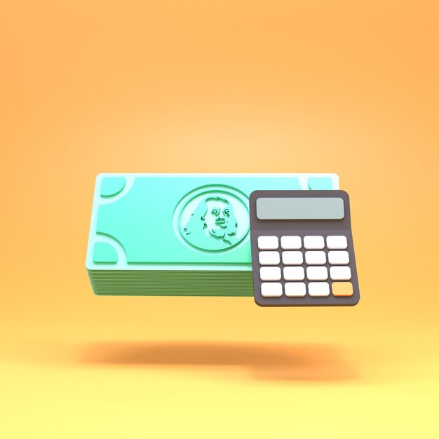 Black calculator and a stack of money 3d rendering