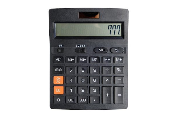 Black calculator on white background, isolate.