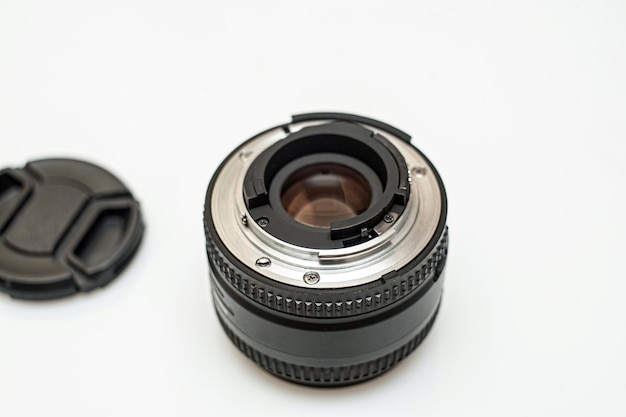 Black camera lens isolated in white background