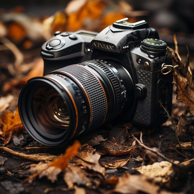 Black camera photo on a pile of dry leaves