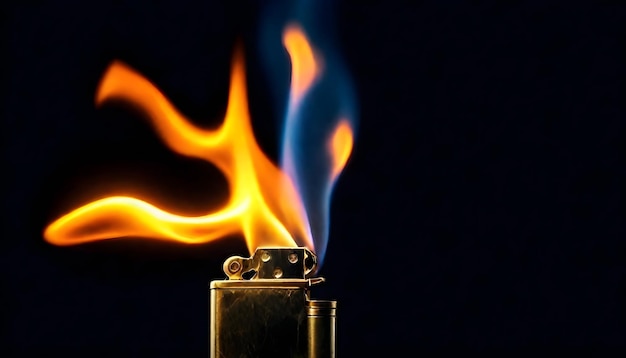 Photo a black can of fire with a blue background with a lighter in the middle