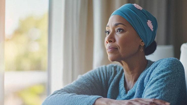 Photo black cancer patient looking through window with hope