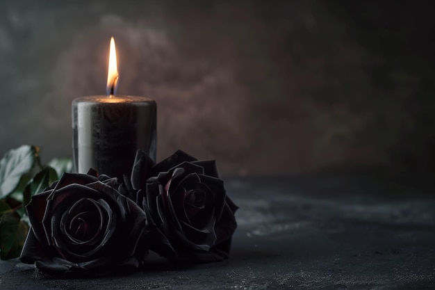 Black candle and roses contrast in the darkness with heat and wax Copy Space