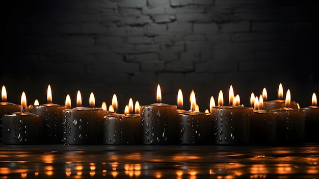 Black candles lit on a dark background Concept of mourning and spirituality All Saints Day Copy space Generative ai