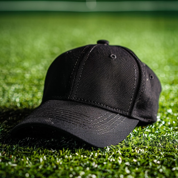 a black cap laying on the grass with the word  b  on it