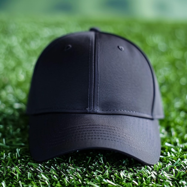 a black cap that is on the grass