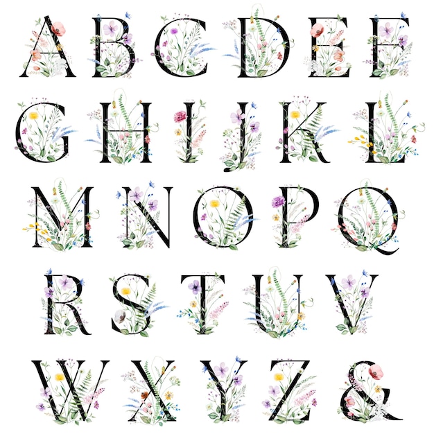 Photo black capital alphabet letters with watercolor wildflowers and leaves bouquet isolated