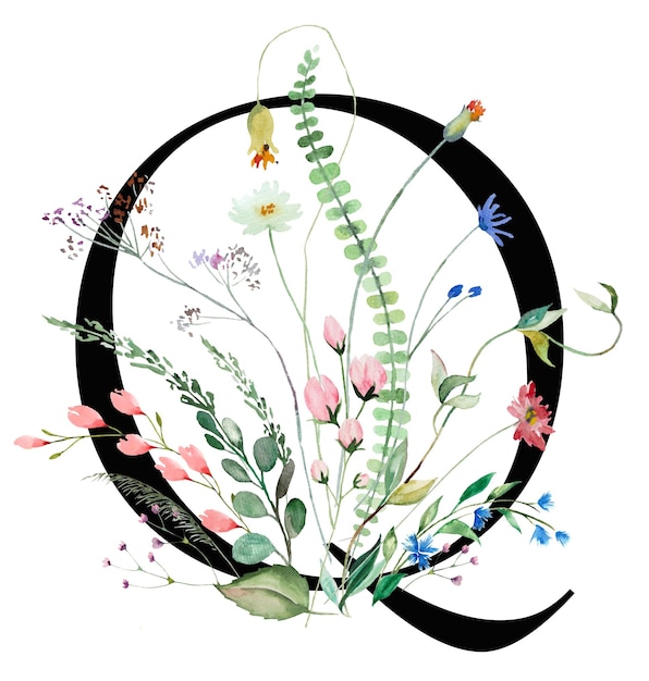 Черная заглавная буква Q с акварельными полевыми цветами и изолированным букетом листьев