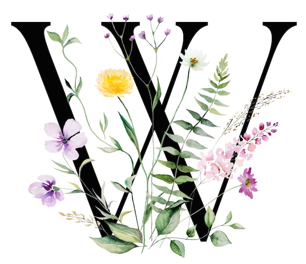 Black capital letter W with watercolor wildflowers and leaves isolated wedding element