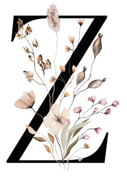 Black capital letter Z with brown autumn watercolor wildflowers and leaves isolated illustration