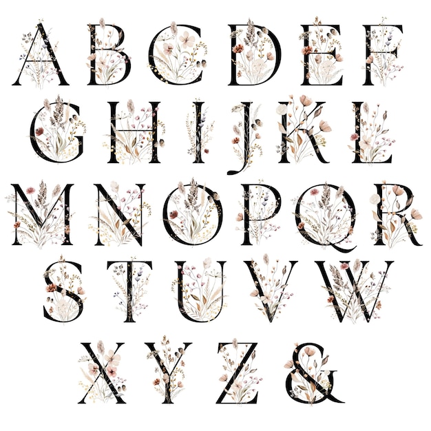 Black capital letters with brown autumn watercolor wildflowers and leaves isolated illustration