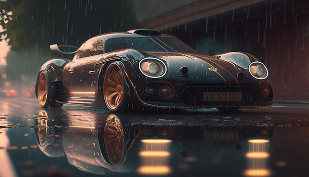 A black car in the rain with the license plate that says'bugatti '