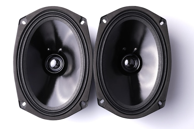 Black car sound speakers closeup on a white background audio system hard bass subwoofer