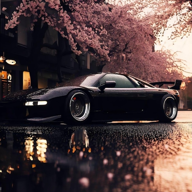 Black car at sunset rain cherry blossoms reflection front restaurant view by ai