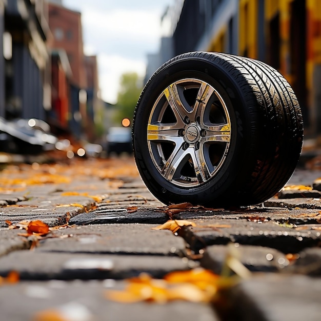 Фото Черная автомобильная шина с шиной на ней сидит на улице