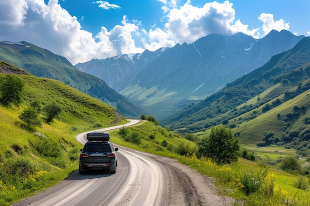 Черная машина с грузовым ящиком едет по извилистой дороге, расположенной среди величественных гор, демонстрирующих гармонию между искусственными и природными пейзажами.