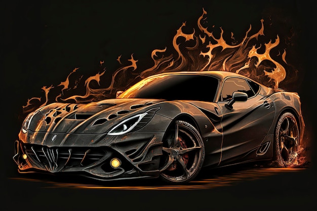 A black car with a flame background and the word hennessey on the front.