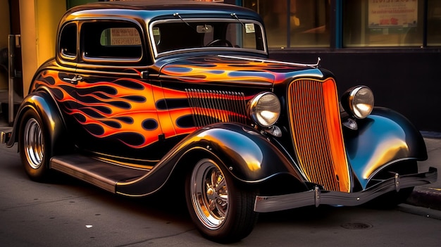 A black car with flames painted on the hood and the flames on the hood.