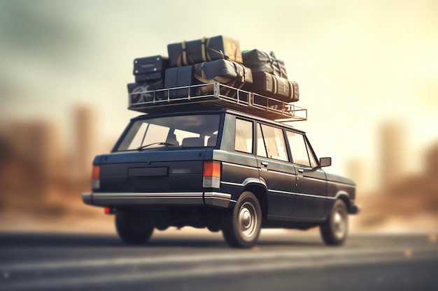 A black car with a rack of luggage on top of it.