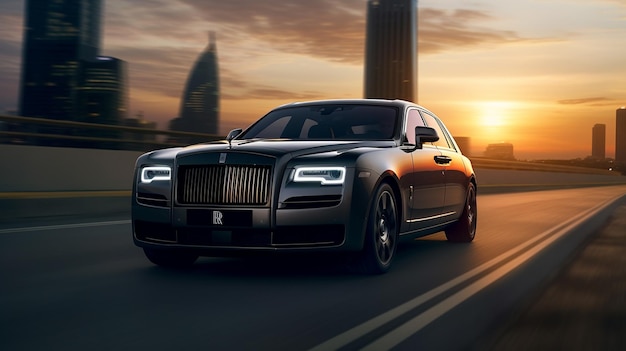 A black car with a white grille and the word rolls royce on the front.