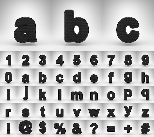 Black carbon fiber alphabet with lowercase letters on white background. 3D rendered letters numbers and font symbols with carbon thread texture.