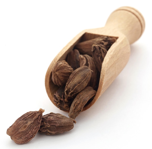 Photo black cardamom in a wooden scoop over white