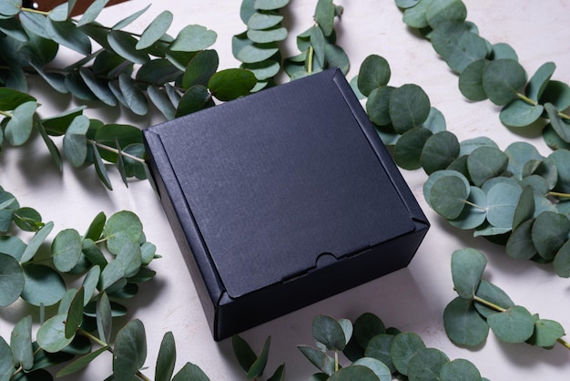 Black cardboard carton box decorated with Eucalyptus green branch