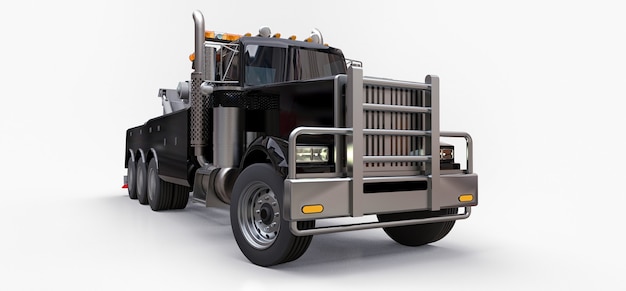 다른 대형 트럭이나 다양한 중장비를 운송하는 검은색 화물 견인 트럭. 3d 렌더링.