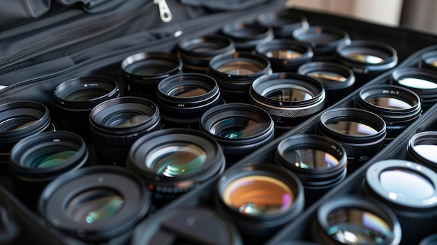 Photo a black carrying case filled with various lenses and filters each one designated for a specific type