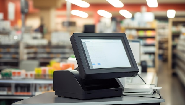 Black cash register with a blank computer monitor screen at the bar