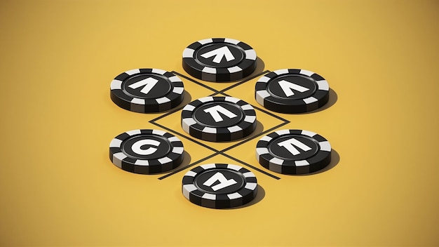 Black casino chips in tic tac toe game on a yellow background 3d rendering