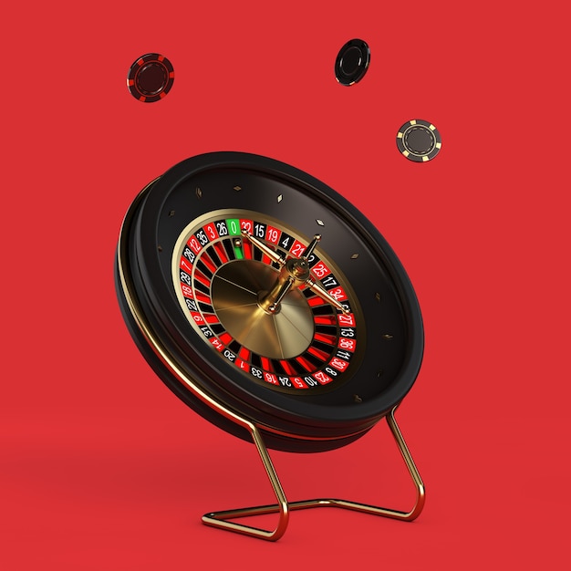 Black Casino Roulette Wheel with Poker Casino Chips on a red background. 3d Rendering