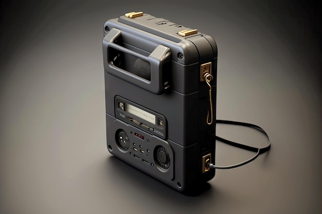 어두운 회색 배경에 헤드폰이 있는 검정 카세트 플레이어 워크맨