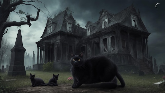 Black cat against old abandoned haunted house and grave