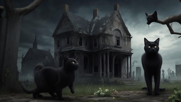 Черная кошка напротив старого заброшенного дома с привидениями и могилы