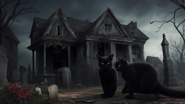 Черная кошка напротив старого заброшенного дома с привидениями и могилы