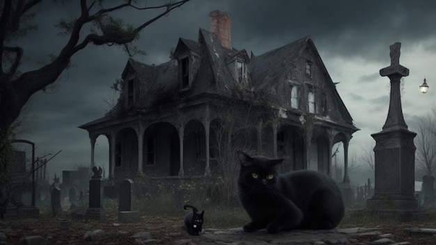 Black cat against old abandoned haunted house and grave