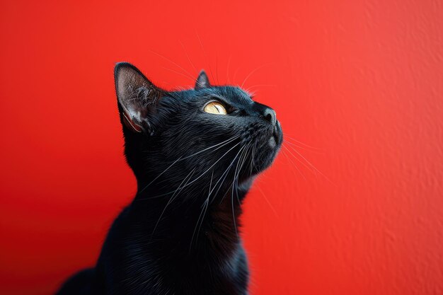 Foto gatto nero sullo sfondo rosso vivace nella vista del profilo