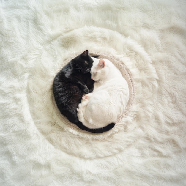 사진 검은 고양이와  고양이는 <unk>과 양의 모양으로 원으로 잠을 자고 있습니다.